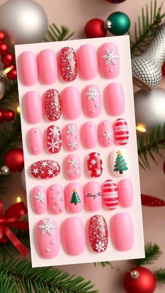A collection of pink Christmas press-on nails with festive designs on a holiday-themed background.